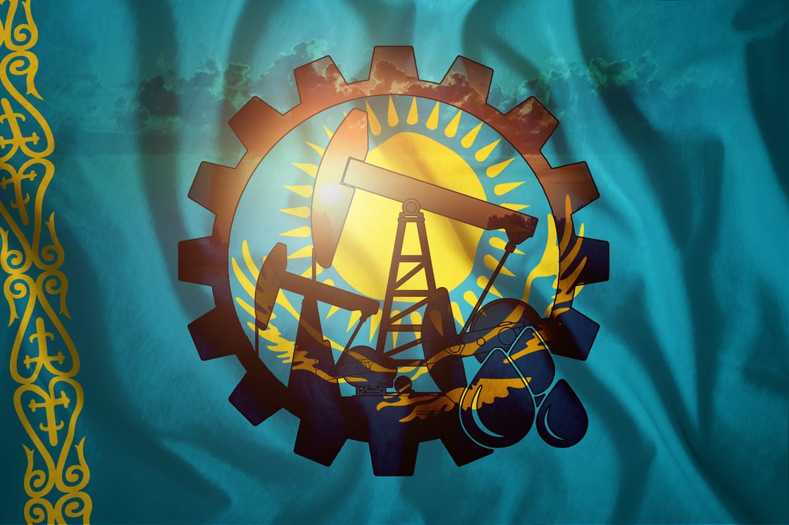 Kazakhstan flag and pump jack